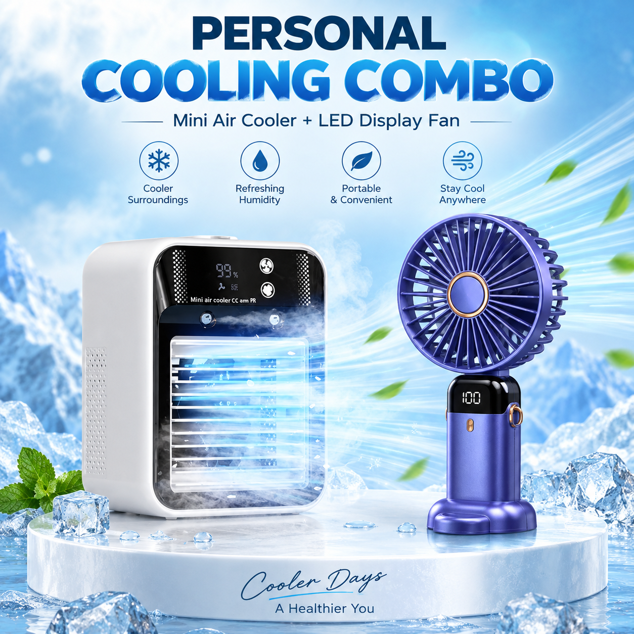 Personal Cooling Duo – Mini Air Cooler & LED Digital Display Fan Combo